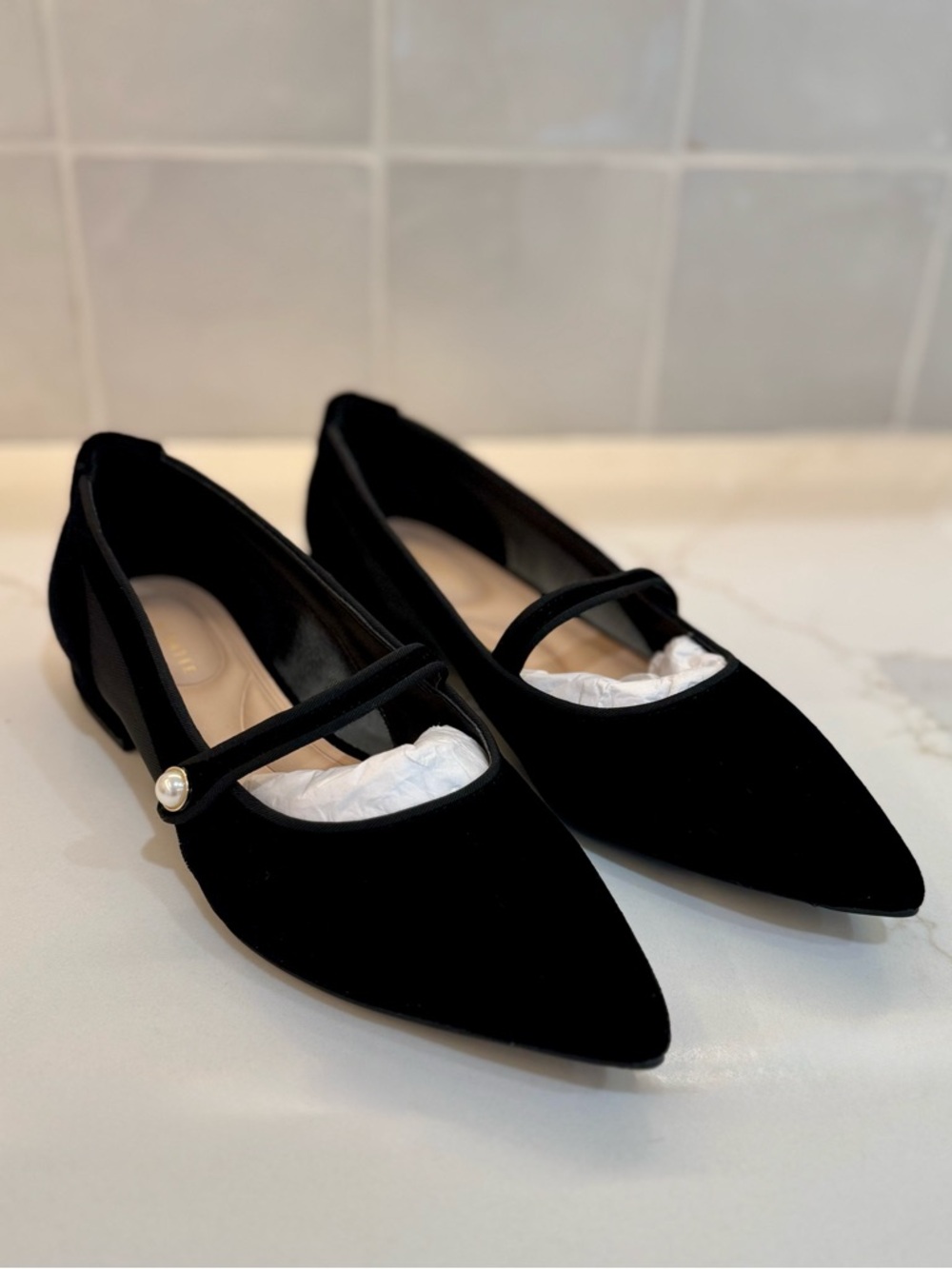 Black Velvet Pointed-Toe Mary Jane Flats